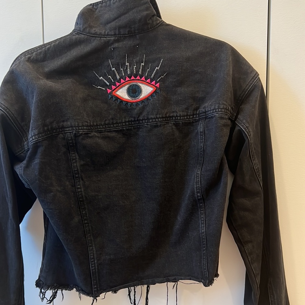 Black cropped evil eye , distressed, Nicole Miller, Jean jacket, XS